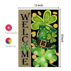 CROWNED BEAUTY St Patricks Day Garden Flag 12x18 Inch Double Sided for Outside Small Burlap Shamrocks Clovers Green Hat Gold Coin Lucky Welcome Yard Holiday Decoration CF726-12