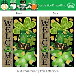 CROWNED BEAUTY St Patricks Day Garden Flag 12x18 Inch Double Sided for Outside Small Burlap Shamrocks Clovers Green Hat Gold Coin Lucky Welcome Yard Holiday Decoration CF726-12