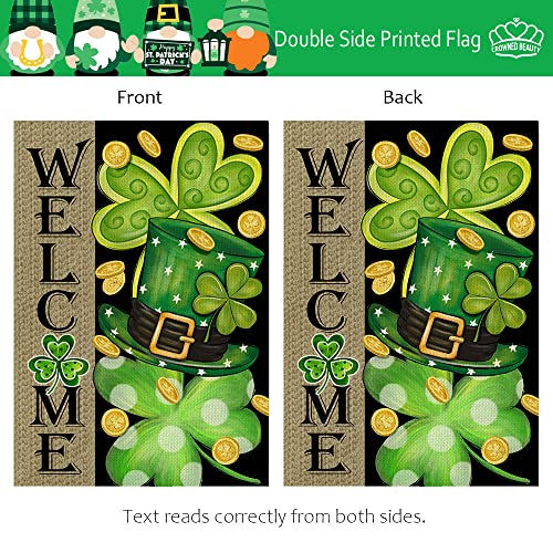 CROWNED BEAUTY St Patricks Day Garden Flag 12x18 Inch Double Sided for Outside Small Burlap Shamrocks Clovers Green Hat Gold Coin Lucky Welcome Yard Holiday Decoration CF726-12