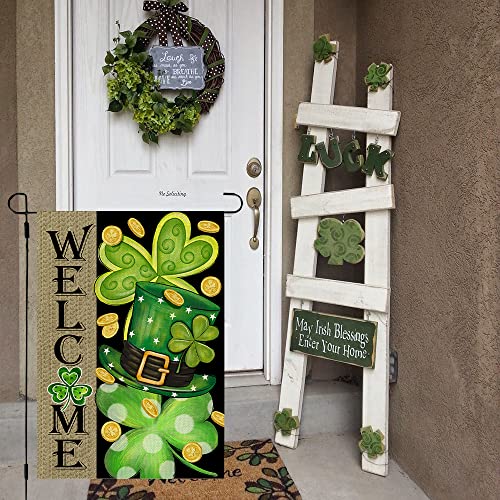 CROWNED BEAUTY St Patricks Day Garden Flag 12x18 Inch Double Sided for Outside Small Burlap Shamrocks Clovers Green Hat Gold Coin Lucky Welcome Yard Holiday Decoration CF726-12