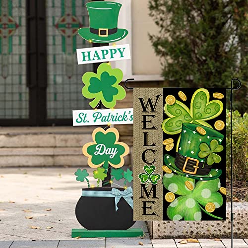 CROWNED BEAUTY St Patricks Day Garden Flag 12x18 Inch Double Sided for Outside Small Burlap Shamrocks Clovers Green Hat Gold Coin Lucky Welcome Yard Holiday Decoration CF726-12