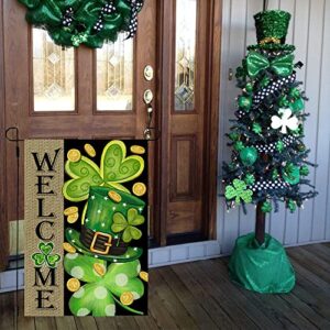 CROWNED BEAUTY St Patricks Day Garden Flag 12x18 Inch Double Sided for Outside Small Burlap Shamrocks Clovers Green Hat Gold Coin Lucky Welcome Yard Holiday Decoration CF726-12