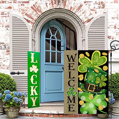 CROWNED BEAUTY St Patricks Day Garden Flag 12x18 Inch Double Sided for Outside Small Burlap Shamrocks Clovers Green Hat Gold Coin Lucky Welcome Yard Holiday Decoration CF726-12