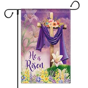 ekorest easter he is risen garden flag 12×18 inch double sided,religious cross he is risen with lily,small spring yard flag for outside farmhouse seasonal holiday outdoor decor