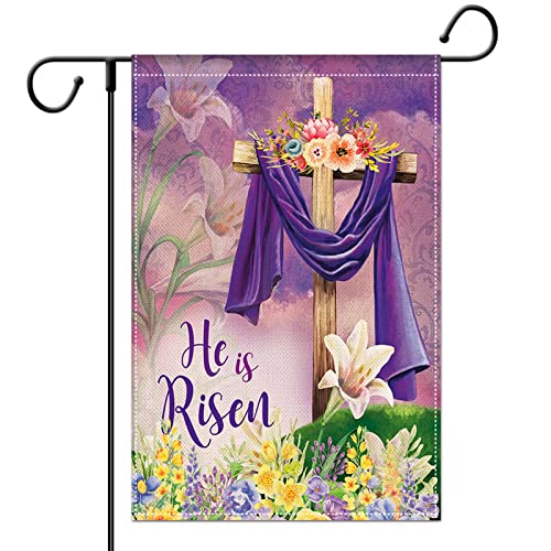 EKOREST Easter He is Risen Garden Flag 12x18 Inch Double Sided,Religious Cross He is Risen with Lily,Small Spring Yard Flag for Outside Farmhouse Seasonal Holiday Outdoor Decor