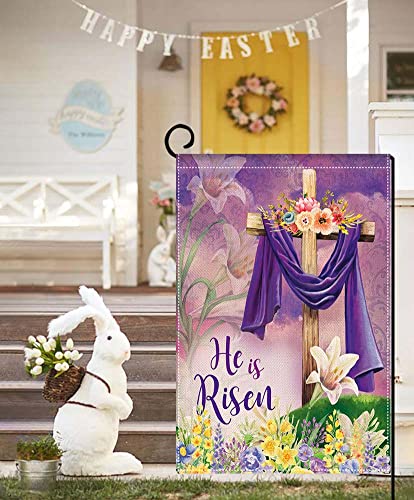 EKOREST Easter He is Risen Garden Flag 12x18 Inch Double Sided,Religious Cross He is Risen with Lily,Small Spring Yard Flag for Outside Farmhouse Seasonal Holiday Outdoor Decor