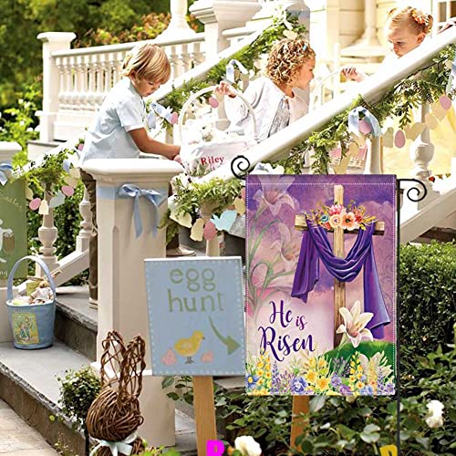 EKOREST Easter He is Risen Garden Flag 12x18 Inch Double Sided,Religious Cross He is Risen with Lily,Small Spring Yard Flag for Outside Farmhouse Seasonal Holiday Outdoor Decor