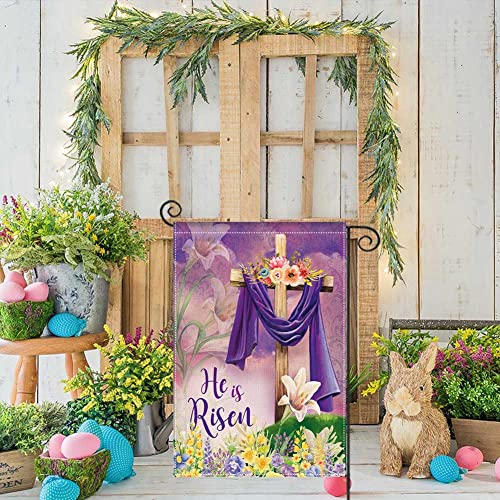 EKOREST Easter He is Risen Garden Flag 12x18 Inch Double Sided,Religious Cross He is Risen with Lily,Small Spring Yard Flag for Outside Farmhouse Seasonal Holiday Outdoor Decor