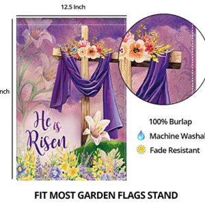 EKOREST Easter He is Risen Garden Flag 12x18 Inch Double Sided,Religious Cross He is Risen with Lily,Small Spring Yard Flag for Outside Farmhouse Seasonal Holiday Outdoor Decor