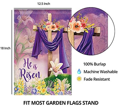 EKOREST Easter He is Risen Garden Flag 12x18 Inch Double Sided,Religious Cross He is Risen with Lily,Small Spring Yard Flag for Outside Farmhouse Seasonal Holiday Outdoor Decor