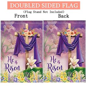 EKOREST Easter He is Risen Garden Flag 12x18 Inch Double Sided,Religious Cross He is Risen with Lily,Small Spring Yard Flag for Outside Farmhouse Seasonal Holiday Outdoor Decor