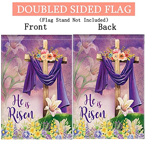 EKOREST Easter He is Risen Garden Flag 12x18 Inch Double Sided,Religious Cross He is Risen with Lily,Small Spring Yard Flag for Outside Farmhouse Seasonal Holiday Outdoor Decor