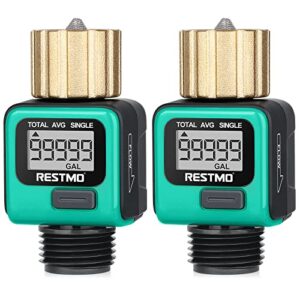 [2 pack] restmo heavy duty water flow meter, pure brass inlet | metal thread | 4 measure modes | display gallon/liter usage and flow rate | ideal to track outdoor garden hose watering