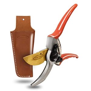 hand pruners with leather sheath. these 8.5″ bypass pruning shears have a forged aluminum handle and hardened steel blade.