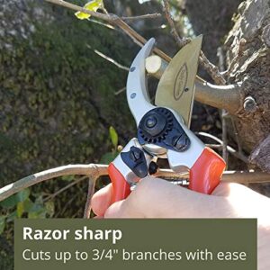 Hand Pruners with Leather Sheath. These 8.5" Bypass Pruning Shears have a forged aluminum handle and hardened steel blade.