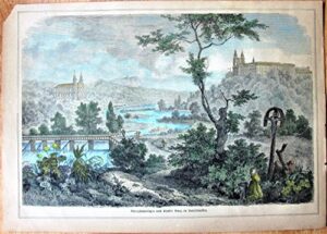 antique steel engraving: river view with buildings (crucifiction?)