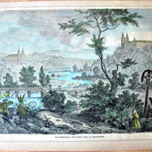 Antique Steel Engraving: River View with Buildings (Crucifiction?)