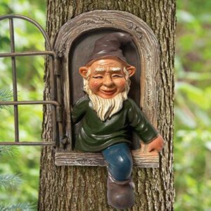 garden gnome statue, elf out the door tree hugger, funny garden tree decoration, patio yard lawn porch decoration (green)