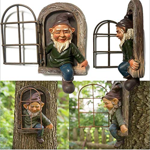 Garden Gnome Statue, Elf Out The Door Tree Hugger, Funny Garden Tree Decoration, Patio Yard Lawn Porch Decoration (Green)