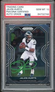 2020 panini prizm #343 jalen hurts rc on card green ink psa/dna auto gem mint 10 – football slabbed autographed rookie cards