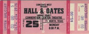 hall & oates 1976 unused concert ticket