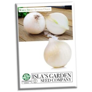 white sweet spanish onion seeds for planting, 500+ heirloom seeds per packet, (isla’s garden seeds), non gmo seeds, botanical name: allium cepa, great home garden gift