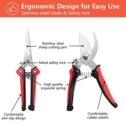 Pruning Shears, Professional Garden Branch Scissors Clippers Set, Bypass Gardening Hand Pruners Tools Kit, Stainless Steel Sharp Cutter Secateurs