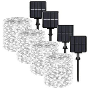 extra-long 288ft solar fairy string lights, 4-pack each 72ft 200 led outdoor twinkle lights waterproof 8 lighting modes daylight white silver wire lights for deck backyard tree garden fence pool party