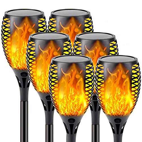 SANJICHA Upgraded 6 Pack Super Larger Size Solar Flame Torch Extra Bright Solar Lights Outdoor Decorative with Flickering Flame, Solar Outdoor Lights for Garden Pathway Party, Auto On and Off