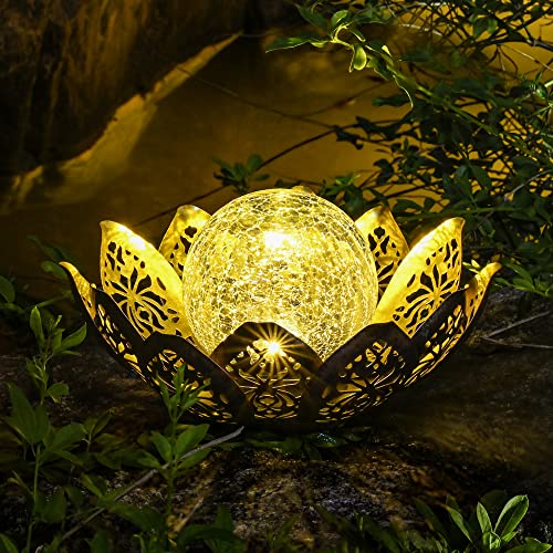 GIGALUMI Solar Lights Outdoor Garden Decor, Adjustable Metal Petal Lotus Flower Lights Crackle Globe Glass Lantern Outdoor Table Decor Waterproof for Patio, Lawn, Pathway, Pond, Christmas Gift