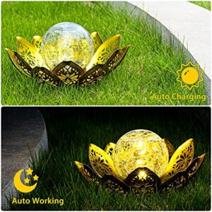 GIGALUMI Solar Lights Outdoor Garden Decor, Adjustable Metal Petal Lotus Flower Lights Crackle Globe Glass Lantern Outdoor Table Decor Waterproof for Patio, Lawn, Pathway, Pond, Christmas Gift