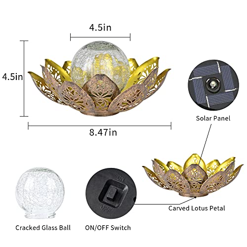 GIGALUMI Solar Lights Outdoor Garden Decor, Adjustable Metal Petal Lotus Flower Lights Crackle Globe Glass Lantern Outdoor Table Decor Waterproof for Patio, Lawn, Pathway, Pond, Christmas Gift