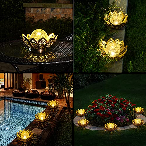 GIGALUMI Solar Lights Outdoor Garden Decor, Adjustable Metal Petal Lotus Flower Lights Crackle Globe Glass Lantern Outdoor Table Decor Waterproof for Patio, Lawn, Pathway, Pond, Christmas Gift