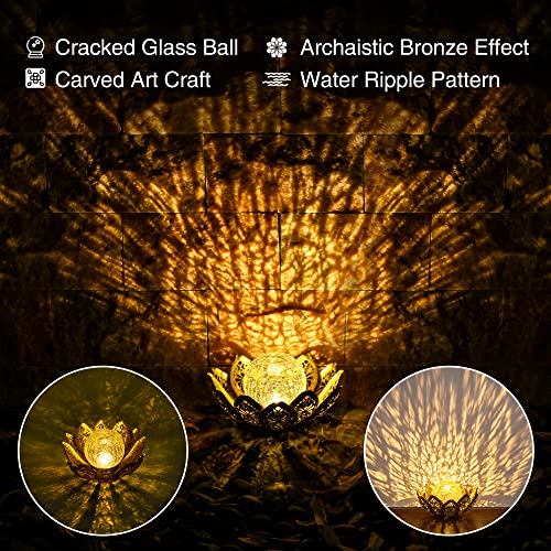 GIGALUMI Solar Lights Outdoor Garden Decor, Adjustable Metal Petal Lotus Flower Lights Crackle Globe Glass Lantern Outdoor Table Decor Waterproof for Patio, Lawn, Pathway, Pond, Christmas Gift