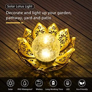 GIGALUMI Solar Lights Outdoor Garden Decor, Adjustable Metal Petal Lotus Flower Lights Crackle Globe Glass Lantern Outdoor Table Decor Waterproof for Patio, Lawn, Pathway, Pond, Christmas Gift