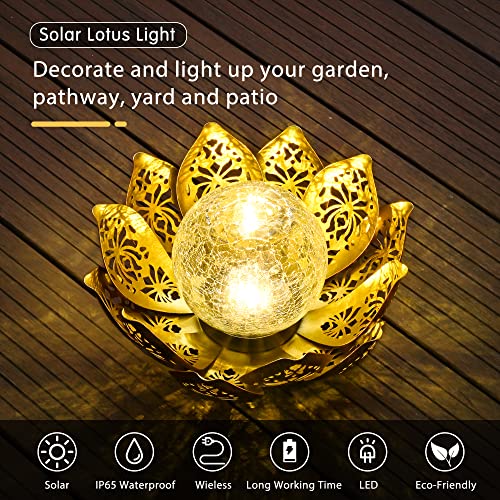 GIGALUMI Solar Lights Outdoor Garden Decor, Adjustable Metal Petal Lotus Flower Lights Crackle Globe Glass Lantern Outdoor Table Decor Waterproof for Patio, Lawn, Pathway, Pond, Christmas Gift