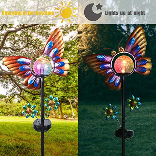 Outdoor Solar Garden Stake Lights Butterfly Waterproof LED Crackle Glass Globe Stake Metal Light for Walkway Pathway Lawn Patio Decor