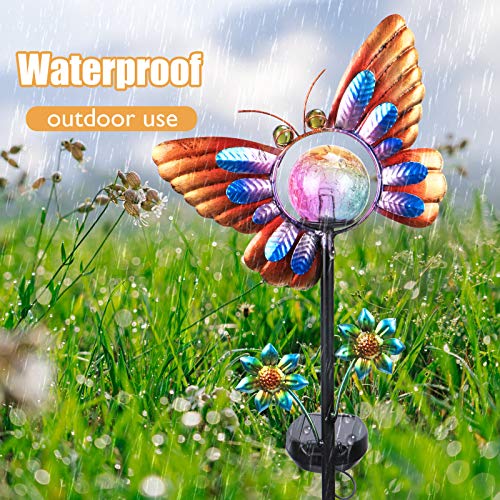 Outdoor Solar Garden Stake Lights Butterfly Waterproof LED Crackle Glass Globe Stake Metal Light for Walkway Pathway Lawn Patio Decor