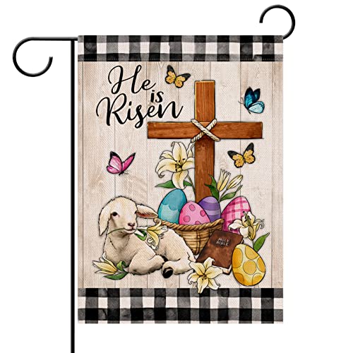 Hzppyz He is Risen Easter Cross Eggs Religious Garden Flag Double Sided, Faith Lily Lamb Butterfly Decorative Yard Outdoor Home Small Decor, Buffalo Plaid Check Burlap Outside House Decoration 12 x 18