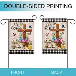 Hzppyz He is Risen Easter Cross Eggs Religious Garden Flag Double Sided, Faith Lily Lamb Butterfly Decorative Yard Outdoor Home Small Decor, Buffalo Plaid Check Burlap Outside House Decoration 12 x 18