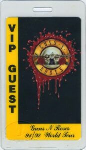 vip laminated backstage pass for guns n’ roses 1991-92 tour