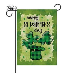 st patricks day garden flag shamrocks clovers buffalo plaid top hat vertical double sided holiday outdoor yard decor 12.5 x 18 inch