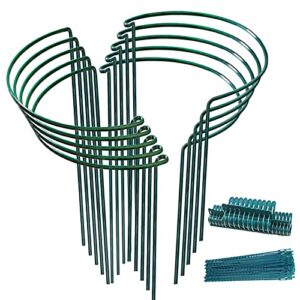 10pack garden plant support stake 10″ wide x 16″ high half round metal garden plant support ring border support, plant support ring cage for roseflowers vine tomato with 20pack plant clips &plant ties