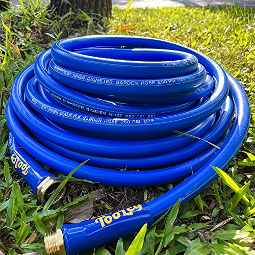 TOOLCY Garden Hose 50 ft, Durable 5/8 inch Garden Hose, Water Hose with 3/4 inch Solid Brass Male & Female Fitting, All-weather, Burst 300 PSI, Blue