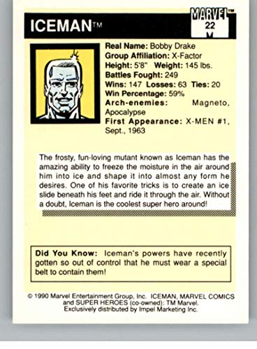 1990 Impel Marvel Universe #22 Iceman Non Sport Entertainment Trading Card in Raw (NM or Better) Condition