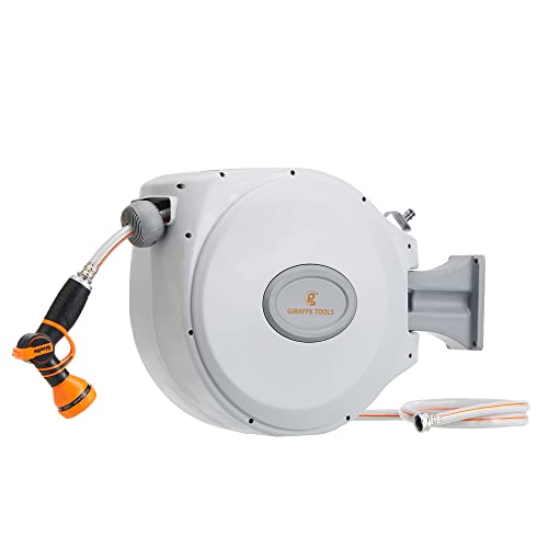 Giraffe Tools Retractable Garden Hose Reel 5/8" x 65 ft, Water Hose Reel Wall Mount, Automatic Retractable Hose Reel with Slow Return, Any Length Lock