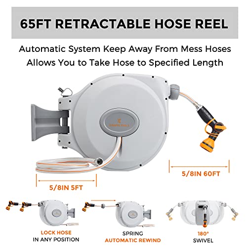 Giraffe Tools Retractable Garden Hose Reel 5/8" x 65 ft, Water Hose Reel Wall Mount, Automatic Retractable Hose Reel with Slow Return, Any Length Lock