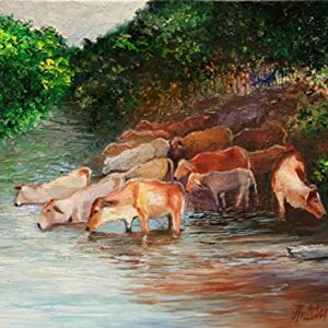 The Watering Hole, Herd of Cattle By Internationally Renown Artist Andre Dluhos