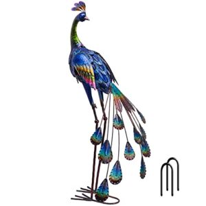 teresa’s collections backyard decor 3d garden peacock yard art, 35 inch large metal garden sculptures & statues for outdoor outside porch patio pond pool indoor decorations blue bird lawn ornaments