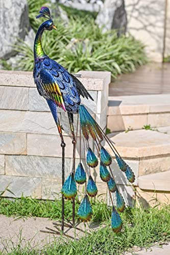 TERESA'S COLLECTIONS Backyard Decor 3D Garden Peacock Yard Art, 35 Inch Large Metal Garden Sculptures & Statues for Outdoor Outside Porch Patio Pond Pool Indoor Decorations Blue Bird Lawn Ornaments